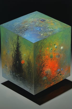 art by Claude Monet, a cube shaped head, stunning beauty, an oil painting, vibrant colors, dark chiarascuro lighting, a telephoto shot, 1000mm lens, f2,8,Vogue,more detail XL