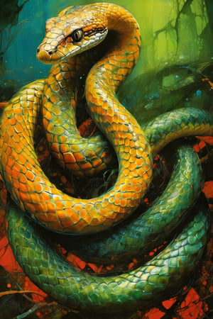  art by simon bisley, art by Brom, art by ralph steadman, art by gustav klimt, a slithering poisonous snake in a tropical jungle, resplendant in colour and intricate detail,  a masterpiece, realistic,  The artwork is a masterpiece, boasting incredible detail and a sense of depth that pulls the viewer in.