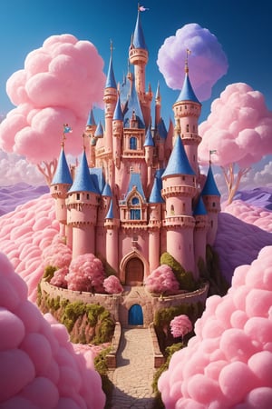 In a breathtakingly rendered fantasy landscape, a majestic castle rises high on a hill, its flags waving majestically in the gentle breeze. Turrets stretch towards the sky, adorned with intricate details and vibrant colors. The sweet-scented village below is a kaleidoscope of tropical delights: cotton candy clouds, cookie-shaped buildings, sugar-coated trees, and shimmering fruit stands. Dramatic lighting casts a warm glow, accentuating rounded corners and sparkling textures. A gradient of colors blooms across the scenery, from deep blues to radiant yellows. The overall effect is a sumptuous, 8K masterpiece that transports viewers to a whimsical world of wonder.