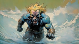 bear running at viewer, in water, Horror Comics style, art by brom, tattoo by ed hardy, shaved hair, neck tattoos andy warhol, heavily muscled, biceps,glam gore, horror, blue bear, demonic, hell visions, demonic women, military poster style, chequer board, vogue bear portrait, Horror Comics style, art by brom, smiling, lennon sun glasses, punk hairdo, tattoo by ed hardy, shaved hair, neck tattoos by andy warhol, heavily muscled, biceps, glam gore, horror, poster style, ,action shot