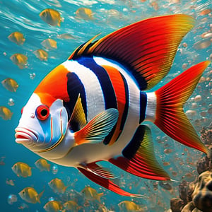 a tropical angel fish, very colourful, red fins, underwater, seaweed, aqua water, Colourful cat ,