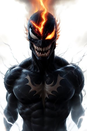 In a majestic, HD, 8K composition, a close up mid shot, the stunning figure of Venom, assumes a dramatic pose. Framed against fiery clouds, lightening, and a turbulent sky,Venoms gaze meets the viewer's, eyes gleaming with intensity,  he appears to scan the horizon. The illustration exudes a sense of heroic fantasy, reminiscent of Dungeons and Dragons, as if venom is about to embark on an epic adventure, wispy storm clouds, lightening, foggy turbulent sky,action shot