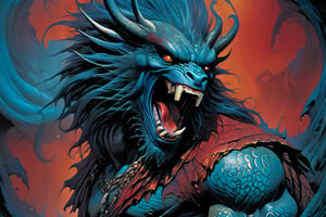 close up of the mans face, a sexy black african mans arm and shoulder, man is staring screaming at the viewer, raging, long hair, the arm and shoulder are covered in a very detailed intricate red and blue dragon tattoo that is protruding outfrom the skin, coming alive, its screaming, scratching, similar to dragon tattoo by Boris Vallejo, slowly you see the small dragon tattoo in parts is coming out of the skin and becoming a real version of the tattoo, sticking out, scales, extended claws, spit, spittle, blood drops, 16K, movie still, cinematic, ,omatsuri,DonMn1ghtm4reXL,DonMWr41thXL 