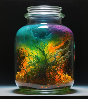 art by yashitomo nara, stunning beauty, hyper-realistic oil painting, a magic potion, stored in a square thick glass jar, vibrant colors, dark chiarascuro lighting, a telephoto shot, 1000mm lens, f2,8,,Vogue,more detail XL