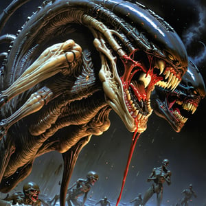 art by Masamune Shirow, art by J.C. Leyendecker, a masterpiece, stunning beauty, hyper-realistic oil painting, vibrant colors, a xenomorph, dark chiarascuro lighting, dripping blood and sweat, messed up, battling human troopers, a telephoto shot, 1000mm lens, f2,8, ,horror,dark theme