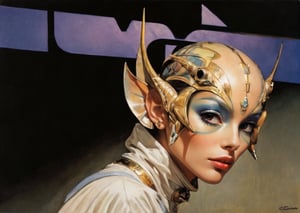 art by Masamune Shirow, art by J.C. Leyendecker, art by simon bisley, art by ralph steadman, a masterpiece, stunning beauty, hyper-realistic oil painting, star wars alien creatures, a portrait picture, incredible detail, fantasy portrait, smooth skin,  kaleidoscope graffiti background, Vogue, artint, frutiger, 