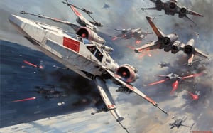 art by john berkey, a masterpiece, stunning detail, a rebellion X-Wing flying along the death start trenches being chased by tie fighters, firing red laser missiles, high speed blur, action shot, 