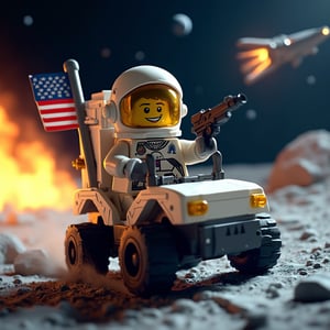 Indulge in a thrilling 3D LEGO block cartoon of  Buzz Aldrin, donning a futuristic full-face helmet with gold reflective visor, sits atop the Lunar Roving Vehicle (LRV) as it zooms across the moon's rugged terrain, its tires kicking up dust and debris. The American flag proudly flapping behind him. With a grin on his face, Buzz raises a gun to the sky, firing a celebratory shot amidst the chaos of massive explosions erupting in the distant background. An otherworldly alien spacecraft soars through the starry night sky, casting an eerie glow over the lunar landscape.