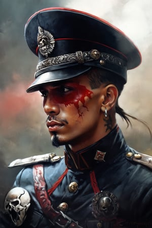 cinematic reality, film, chiarosaurio, depth of field, shadows, reflection, sparks, mists, skull with red military cap, sharp focus, detailed features, blood, tribal tattoos on the skull cheeks and jaw, 