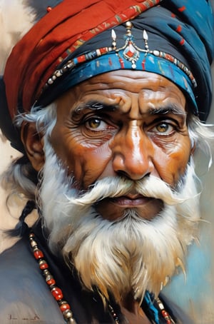art by john singer sargent, art my monet, art by Ivana Besevic, art by Mia Bergeron, lighting style by rembrandt, an oil painting portrait,  close cropped, face only, an old indian mans face, wearing a black turban decorated with gold and red indian ornaments, very detailed straggly beard,detail in hair, masterful detail in the eyes, detail in the hair and beard, all focus on the eyes, piercing bright light blue eyes, very detailed eyes, looking away into the distance, 