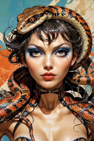 art by Masamune Shirow, art by J.C. Leyendecker, art by simon bisley, art by ralph steadman, a masterpiece, stunning beauty, hyper-realistic oil painting, snake alien creatures, a portrait picture, incredible detail, fantasy portrait, smooth scaly skin, kaleidoscope graffiti background,action shot