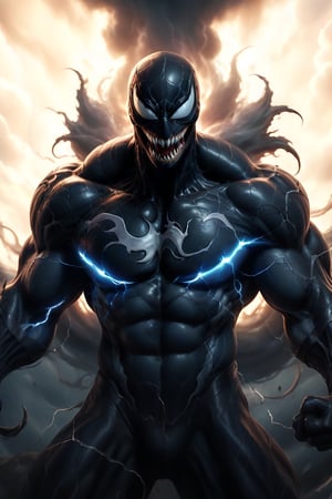 In a majestic, HD, 8K composition, a close up mid shot, the stunning figure of Venom, assumes a dramatic pose. Framed against fiery clouds, lightening, and a turbulent sky,Venoms gaze meets the viewer's, eyes gleaming with intensity,  he appears to scan the horizon. The illustration exudes a sense of heroic fantasy, reminiscent of Dungeons and Dragons, as if venom is about to embark on an epic adventure, wispy storm clouds, lightening, foggy turbulent sky,action shot