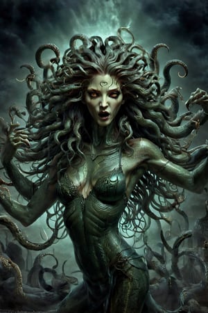 Create a captivating and realistic digital artwork of Medusa, the mythological Gorgon, with her iconic snake hair. Craft a scene that portrays her in all her terrifying beauty, and bring out the intricate details of her serpentine locks. Use your artistic talent to capture the essence of this mythical character, making her come to life on the canvas. Let your imagination and creativity run wild in depicting Medusa and her mesmerizing, venomous hair in a way that evokes both fear and fascination