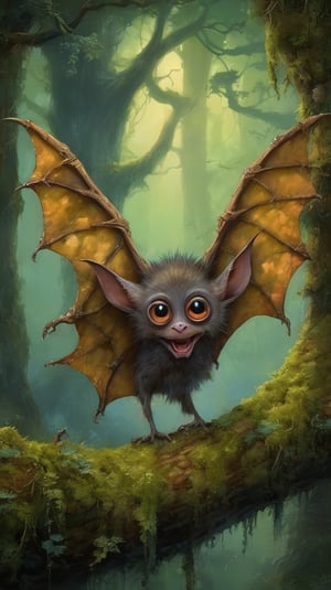 In the heart of a mystical forest, a whimsical creature dangles upside down from a gnarled tree branch. The 'Batkin' boasts big, boggly eyes with tiny dark pupils, and ears that resemble miniature bat wings. Its short, fluffy fur is camouflaged against the mossy bark, while small, scale-like hands grasp the branch. With Sigma 1000mm lens at f2.8, the eyes are razor-sharp in focus, drawing the viewer into this enchanting scene.