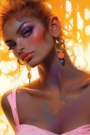 art by Masamune Shirow,art by boris vallejo, art by tavita niko, art by simon bisley, a full facial tattoo, a masterpiece, stunning beauty,  earrings, (An amazing and captivating oil painting :1.4),  (grunge style:1.1), (frutiger style:1.3), (colorful:1.3), (2004 aesthetics:1.2). BREAK (beautiful vector shapes:1.3), circles, swirls, (gradient background:1.3) highest quality, sharp details, oversaturated, detailed and intricate, original artwork, trendy, vintage, award-winning oil painting, , artint,