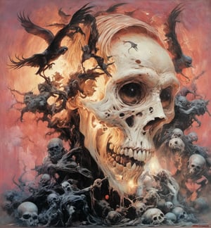 art by Masamune Shirow, art by J.C. Leyendecker, art by boris vallejo, a masterpiece, hyper-realistic oil painting, vibrant colors, Horror Comics style, art by brom, tattoo by ed hardy, a woman with half a skull face and half a human face, horror, dark chiarascuro lighting, a telephoto shot, 1000mm lens, f2,8 , , illustration,  ,perfecteyes,