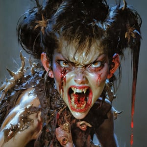 art by Masamune Shirow, art by J.C. Leyendecker, a masterpiece, stunning beauty, hyper-realistic oil painting, vibrant colors, a vampire , dark chiarascuro lighting, dripping blood and sweat, messed up, battling humans, a telephoto shot, 1000mm lens, f2,8, ,horror,Vogue,Asian folklore ,apollo_style