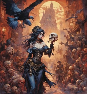 art by Masamune Shirow, art by J.C. Leyendecker, art by boris vallejo, a masterpiece, hyper-realistic oil painting, vibrant colors, Horror Comics style, art by brom, tattoo by ed hardy, a woman with half a skull face and half a human face, horror, dark chiarascuro lighting, a telephoto shot, 1000mm lens, f2,8 , , illustration,  ,perfecteyes,