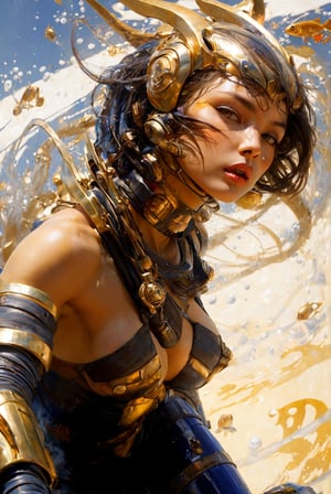 art by Masamune Shirow, art by J.C. Leyendecker, art by simon bisley, art by ralph steadman, a masterpiece, stunning beauty, hyper-realistic oil painting, star wars alien creatures, a portrait picture, incredible detail, fantasy portrait, alien skin, breathing apparatus, fish like skin, eel like noses, gold graffiti background, mouth closed, 