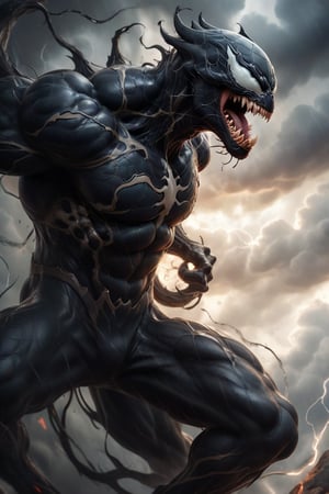 In a majestic, HD, 8K composition, a close up mid shot, the stunning figure of Venom, assumes a dramatic pose. Framed against fiery clouds, lightening, and a turbulent sky,Venoms gaze meets the viewer's, eyes gleaming with intensity,  he appears to scan the horizon. The illustration exudes a sense of heroic fantasy, reminiscent of Dungeons and Dragons, as if venom is about to embark on an epic adventure, wispy storm clouds, lightening, foggy turbulent sky,action shot