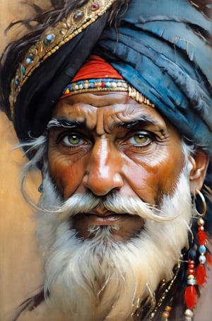 art by john singer sargent, art my monet, art by Ivana Besevic, art by Mia Bergeron, lighting style by rembrandt, an oil painting portrait,  close cropped, face only, an old indian mans face, wearing a black turban decorated with gold and red indian ornaments, very detailed straggly beard,detail in hair, masterful detail in the eyes, detail in the hair and beard, focus on the eyes, piercing bright light blue eyes, very detailed eyes, looking away into the distance, 