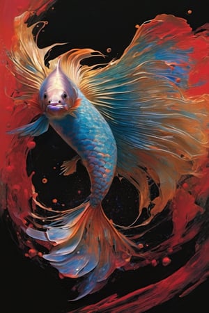  art by simon bisley, art by Brom, art by ralph steadman, art by gustav klimt, an exotic siamese fighting fish, resplendant in colour and intricate detail,  a masterpiece, realistic,  The artwork is a masterpiece, boasting incredible detail and a sense of depth that pulls the viewer in.