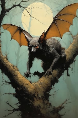 Whimsical illustration by Ralph Steadman, Brom, or Simon Bisley: a majestic, highly detailed masterpiece. A cute, bat-like creature hangs upside down from a gnarled tree branch, its big, round eyes with small dark pupils gazing up at the lens. Bat-like ears and wings sprout from its furry body, covered in short, fluffy skin. Its small, scaley hands grasp the branch delicately. Shot with a Sigma 1000mm lens at f2.8, the subject's eyes are pin-sharp, drawing the viewer in.