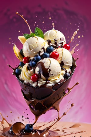 a macroscopic photograph of banana ice cream with mint cream, ice cubes, maraschino cherries, blueberries, lychees , hundreds and thousands, dark chocolate sauce, nuts, mint leaves, splashing dark chocolate sauce, in a gradient pink coloured background, fluid motion, dynamic movement, cinematic lighting, palette knife, digital artwork by Beksinski,action shot,sweetscape, 3D, oversized fruit, caramel theme, art by Klimt, airbrush art, food photography, food tornado, 