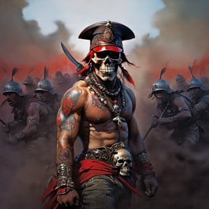 cinematic reality, film, chiarascurio, very short depth of field inches, 1000 mm tamron lens f1,8, shadows, reflection, sparks, mists, skull with red military cap, sharp focus, detailed features, blood, tribal tattoos on the skull cheeks and jaw,