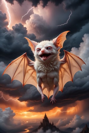 In a majestic, HD, 8K composition, a clse up mid shot, a stunning albino bat assumes a dramatic pose. Framed against fiery clouds, lightening, and a turbulent sky,the creature's gaze meets the viewer's, its eyes gleaming with intensity. Wings outstretched, it appears to scan the horizon for wind currents. The illustration exudes a sense of heroic fantasy, reminiscent of Dungeons and Dragons, as if this majestic bat is about to embark on an epic adventure, wispy storm clouds, lightening, foggy turbulent sky,