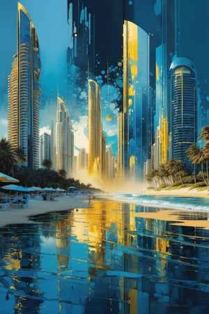 Surfers Paradise beach, Gold Coast, dark blue, light blue, aqua, yellow ink flow, 64k resolution photorealistic masterpiece by aaron horkey and jeremy mann, intricately detailed by jean baptiste mongue, acrylic: watercolor art, professional photography, dynamic lighting, volumetric lighting maximalist photoillustration:by marton bobzert,8k resolution concept art intricately detailed, complex, elegant, majestic, ecstacy, fantastical, aspect ratio:16:9, ,xyzsanart01,portrait_futurism,dripping paint,abstact,(Circle:1.4)