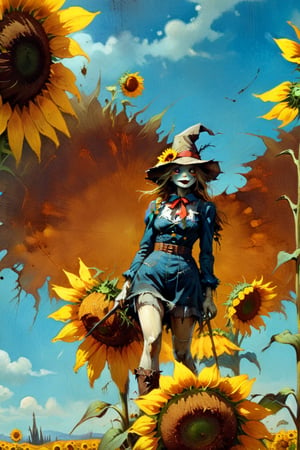  solo focus, hd, 8k, vintage illustration, A vintage-inspired scarecrow standing proudly in a sunflower field, with a worn-out hat and a rusty pitchfork. , masterpiece, award winning illustration by Frank Frazetta, a sexy female scarecrow, DarkFantasy, dark atmosphere, advntr,fr4z3tt4