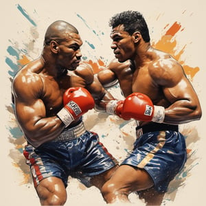 Mike Tyson , in a boxing ring at madison square gardens, close up portrait shot of two fighters punching each other, full force, full impast, sweat, knocking Jake Paul to the canvas with an uppercut punch, stipple, crosshatching, 5 colour monochromatic art, borders, (((art poster by gian galang))), (((art style by gian galang))), (((design by gian galang))) , neck tattoos by andy warhol, heavily muscled, biceps, fight poster style, asian art, chequer board, mma, octogon, bright contrasting colours, stipple, black n white, ,action shot