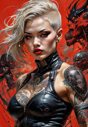 hell poster, manga style, an oil painting, a masterpiece, art by TavitaNiko, art by Vallejo, art by Klimt , art by giger, tattoo by ed hardy, shaved hair, neck tattoos andy warhol, heavily muscled, biceps,glam gore, horror, demonic, hell visions, demonic women, military poster style, asian art, chequer board,