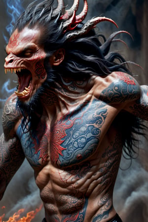 An sexy black african mans arm and shoulder, telephoto lens shot, man is staring at the viewer, raging, long hair, the arm and shoulder are covered in a very detailed intricate red and blue dragon tattoo that is protruding outfrom the skin, coming alive, its screaming, scratching, similar to dragon tattoo by Boris Vallejo, slowly you see the small dragon tattoo in parts is coming out of the skin and becoming a real version of the tattoo, sticking out, scales, extended claws, 16K, movie still, cinematic, , omatsuri,flmngprsn