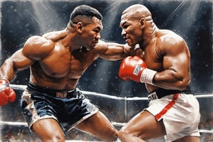 Mike Tyson , in a boxing ring at madison square gardens, knocking Jake Paul to the canvas with an uppercut punch, stipple, crosshatching, 5 colour monochromatic art, borders, (((art poster by gian galang))), (((art style by gian galang))), (((design by gian galang))) , neck tattoos by andy warhol, heavily muscled, biceps, fight poster style, asian art, chequer board, mma, octogon, bright contrasting colours, stipple, black n white, ,action shot