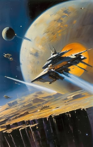 spaceship travelling past a planet, in space, ultra quality, highly detailed, art by john Berkey, art by chris foss,