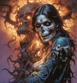 art by Masamune Shirow, art by J.C. Leyendecker, art by boris vallejo, a masterpiece, hyper-realistic oil painting, vibrant colors, Horror Comics style, art by brom, tattoo by ed hardy, a woman with half a skull face and half a human face, horror, dark chiarascuro lighting, a telephoto shot, 1000mm lens, f2,8 , , illustration,  ,perfecteyes,