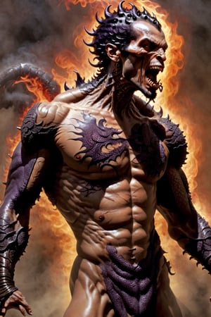An sexy black african mans arm and shoulder, mid shot, man is bellowing , raging and staring at the viewer, the arm and shoulder is covered in a detailed intricate dark purple and crimson dragon tattoo on his chest and back that is protruding out, out in to reality, its screaming, scratching, smoking, similar to dragon tattoo by Boris Vallejo, frank frazetta style, slowly you see the small dragon tattoo in parts is coming out of the skin and becoming a real version of the tattoo, sticking out, scales, extended claws, 16K, cinematic movie still, like the movie the 300, omatsuri,3un,flmngprsn