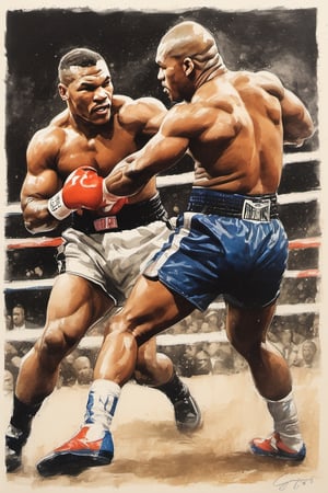 Mike Tyson , in a boxing ring at madison square gardens, knocking Jake Paul to the canvas with an uppercut punch, stipple, crosshatching, 5 colour monochromatic art, borders, (((art poster by gian galang))), (((art style by gian galang))), (((design by gian galang))) , neck tattoos by andy warhol, heavily muscled, biceps, fight poster style, asian art, chequer board, mma, octogon, bright contrasting colours, stipple, black n white, ,action shot