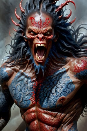 very close up of the mans face, a sexy black african mans arm and shoulder, man is staring screaming at the viewer, raging, long hair, the arm and shoulder are covered in a very detailed intricate red and blue dragon tattoo that is protruding outfrom the skin, coming alive, its screaming, scratching, similar to dragon tattoo by Boris Vallejo, slowly you see the small dragon tattoo in parts is coming out of the skin and becoming a real version of the tattoo, sticking out, scales, extended claws, spit, spittle, blood drops, 16K, movie still, cinematic, ,omatsuri,DonMn1ghtm4reXL,flmngprsn