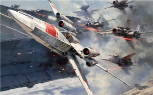 art by john berkey, a masterpiece, stunning detail, a rebellion X-Wing flying along the death start trenches being chased by tie fighters, firing red laser missiles, high speed blur, action shot, 