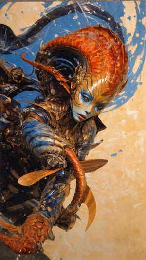 art by Masamune Shirow, art by J.C. Leyendecker, art by simon bisley, art by ralph steadman, a masterpiece, stunning beauty, hyper-realistic oil painting, star wars alien creatures, a portrait picture, incredible detail, fantasy portrait, alien skin, breathing apparatus, fish like skin, eel like noses, blue graffiti background,