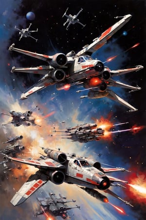 art by john berkey, a masterpiece, stunning detail, a rebellion X-Wing flying through the galaxy, firing red laser missiles, being chased by tie fighters, 
