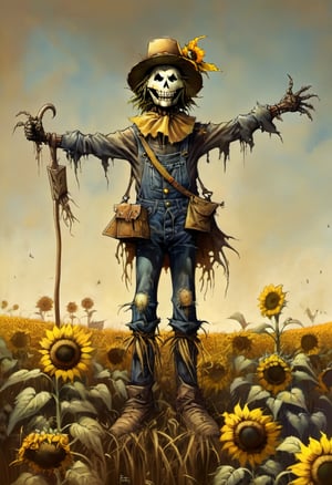 A vintage-inspired scarecrow standing proudly in a sunflower field, with a worn-out hat and a rusty pitchfork. menacing,  , BOOK OF THE SIMON BISLEY, art station, BANDE DESSINÉE story transcription, full color. (Dark Multiverse)