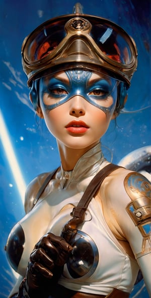 art by Masamune Shirow, art by J.C. Leyendecker, art by simon bisley, art by ralph steadman, a masterpiece, stunning beauty, hyper-realistic oil painting, star wars alien creatures, a portrait picture, incredible detail, fantasy portrait, alien skin, breathing apparatus, fish like skin, eel like noses, blue graffiti background,