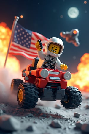 An 3d lego block cartoon scene featuring buzz aldrin riding the lunar rover at full throttle jumping over moon craters, and firing a gun in the airr. The American flag waves proudly behind him as an alien spacecraft soars through the sky. In the background, massive explosions light up the scene.