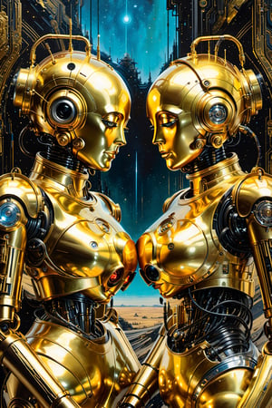 Ultra-Wide angle shot, photorealistic thrilling portrait of the robot c3po and his robot girlfriend c4po,Black ink flow: 8k resolution photorealistic masterpiece: by Aaron Horkey and Jeremy Mann: intricately detailed fluid gouache painting: by Jean Baptiste Mongue: calligraphy: acrylic: colorful watercolor art, cinematic lighting, maximalist photoillustration: by marton bobzert: 8k resolution concept art intricately detailed, complex, elegant, expansive, fantastical, psychedelic realism, tatooine, light sabres, ,mecha,p3rfect boobs,breastclamp