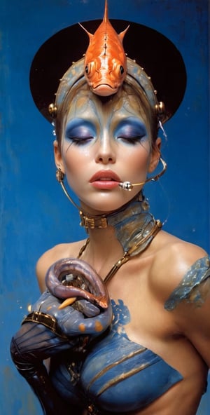 art by Masamune Shirow, art by J.C. Leyendecker, art by simon bisley, art by ralph steadman, a masterpiece, stunning beauty, hyper-realistic oil painting, star wars alien creatures, a portrait picture, incredible detail, fantasy portrait, alien skin, breathing apparatus, fish like skin, eel like noses, blue graffiti background,