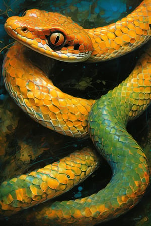  art by simon bisley, art by Brom, art by ralph steadman, art by gustav klimt, a slithering poisonous snake in a tropical jungle, resplendant in colour and intricate detail,  a masterpiece, realistic,  The artwork is a masterpiece, boasting incredible detail and a sense of depth that pulls the viewer in.